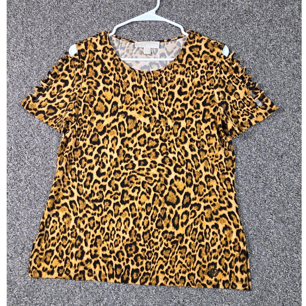 Michael Kors Top Women Medium Brown Leopard Cold Shoulder Lattice‎ Sleeve